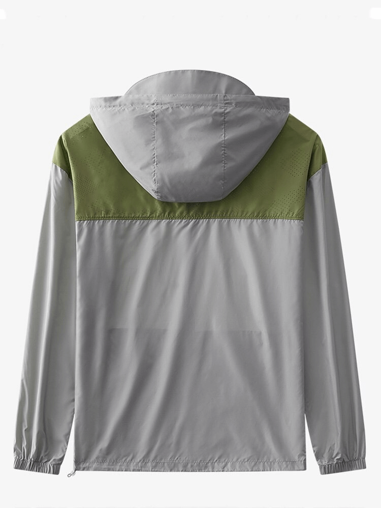 Gray and green patchwork hooded jacket with zipper closure, ideal for summer casual wear, made of lightweight breathable polyester.